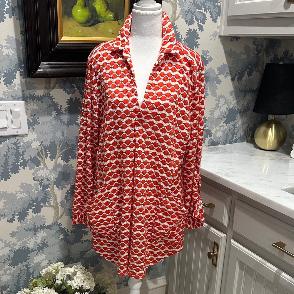 For Cynthia Dark Orange and White Patterned Swim Coverup
